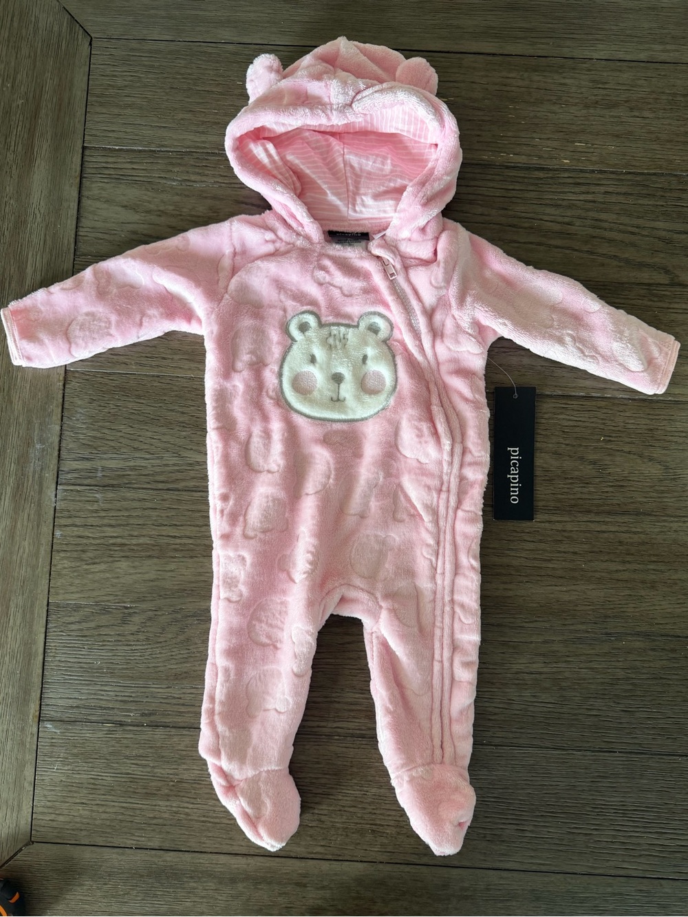 Picapino Pink Plush Bear Hooded Footed One-Piece